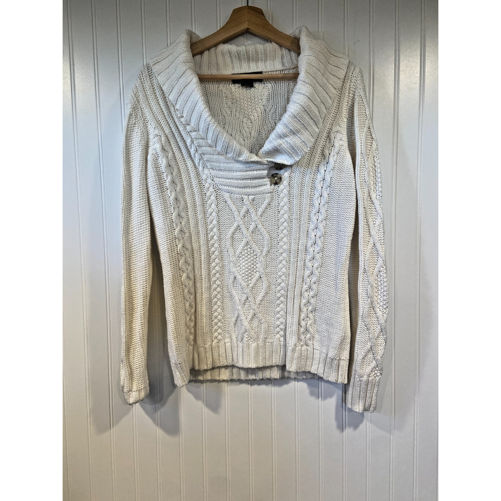 Eddie Bauer Sweater Women's Medium White Shawl Neck Cable Knit Sweater